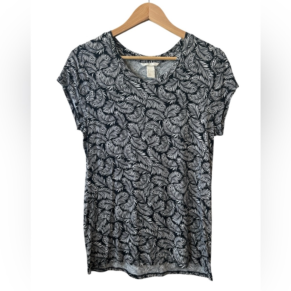H&M Feather Print Maximalism Black and White Vacation T-Shirt Women’s Large